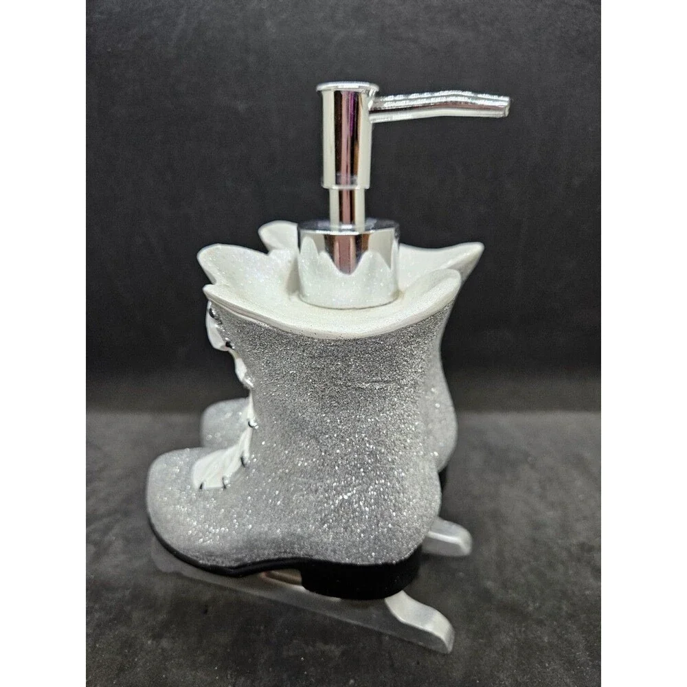 SILVER GLITTERY RESIN ICE SKATE,BOOT+SILVER PUMP KITCHEN,BATHROOM SOAP DISPENSER